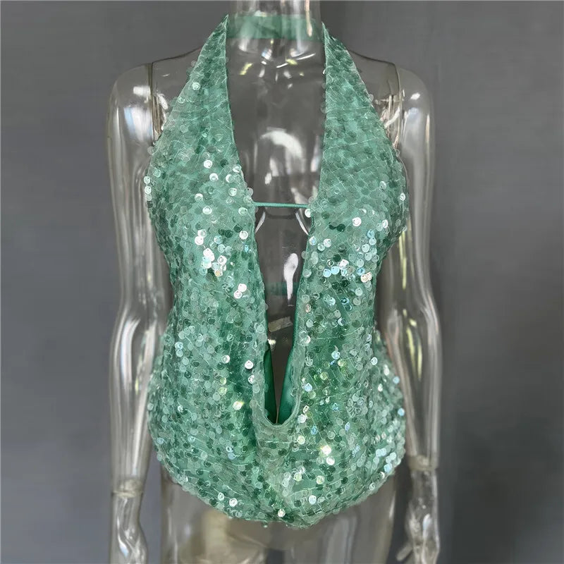 Women's Halter Deep V Neck Sequins Tank Cropped Top