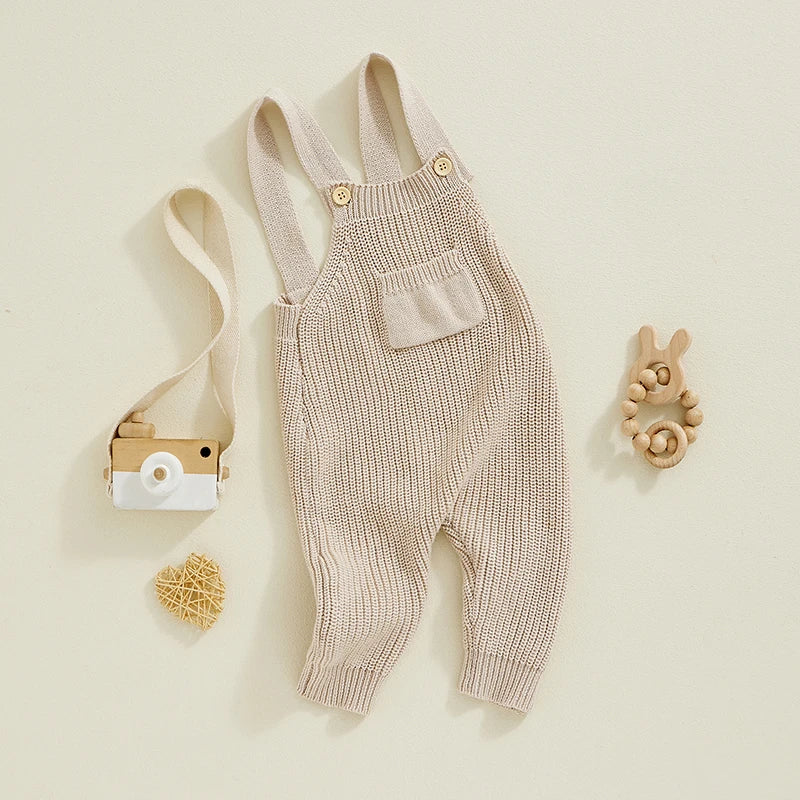 0-3Y Baby Boys Girls Overalls Jumpsuits Sleeveless Front Pocket Solid Colour Knitted Romper Outfit