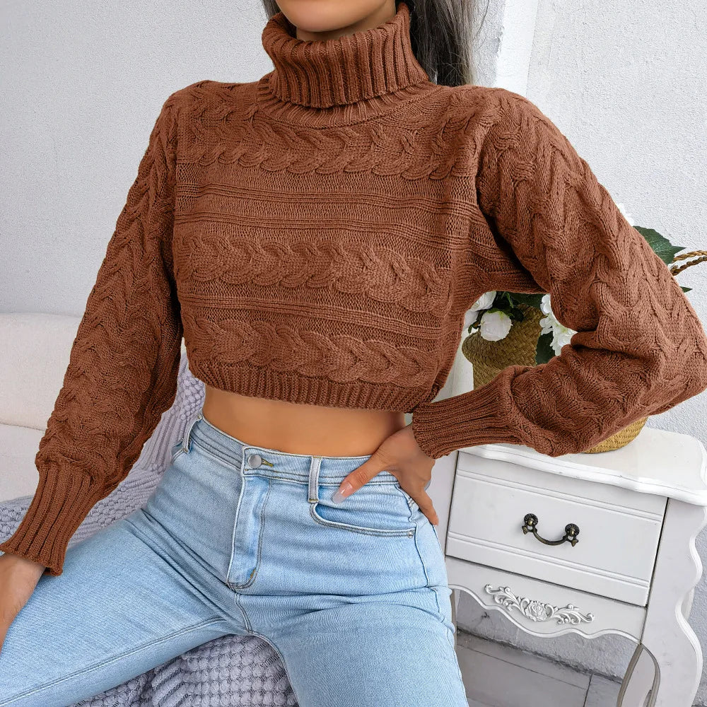 Women's Autumn Winter Casual Twist Long Sleeve Turtleneck Crop Knit Sweater