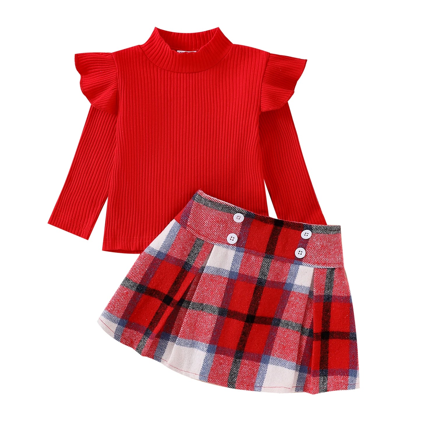Little Girl Fall Clothes Set - Ruffle Long Sleeve Ribbed Top & Plaid A-Line Skirt