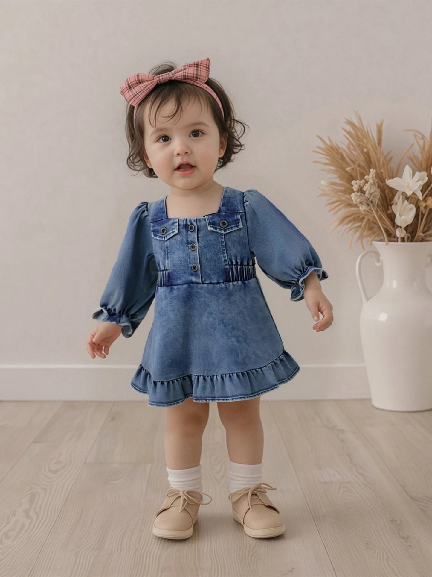 Baby Girls Denim Romper Dress - Square Neck Lantern Long Sleeve Bodysuit (0-24M)