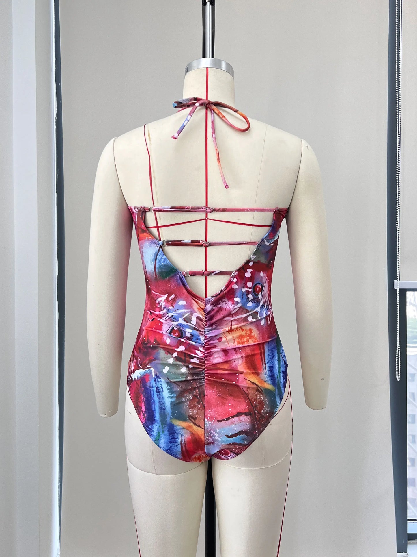 Women's Print Backless Swimwear with Skirt Women Slit Hollow Out Long Summer Bodycon Ruffles Dress
