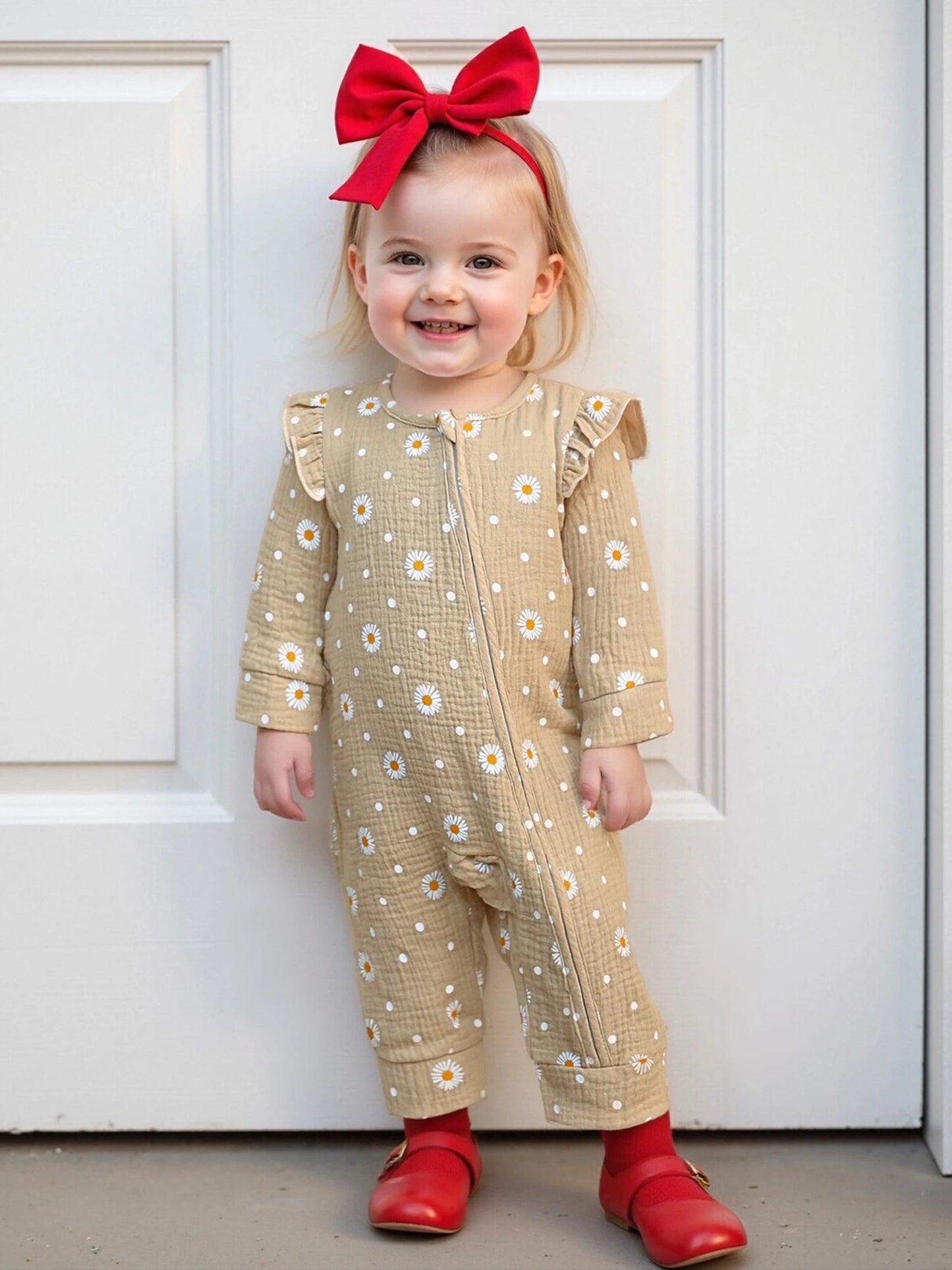 Baby Girls Fall Jumpsuit - Long Sleeve Flower Print Zipper Romper (0-18M)