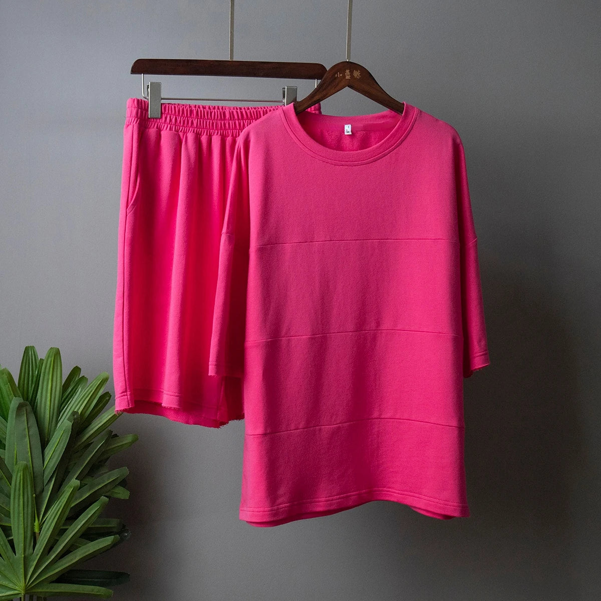 Women's 100% Cotton Shorts Set Half Sleeve Patchwork T Shirts & High Waist Shorts Two Pieces Set