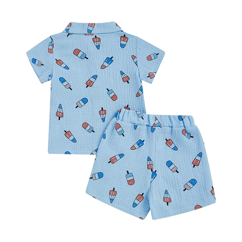 0-4Y Kids Boys American Flag Colours Print Clothes Sets Ice Cream Print Lapel Button Down Short Sleeve Shirt with Shorts