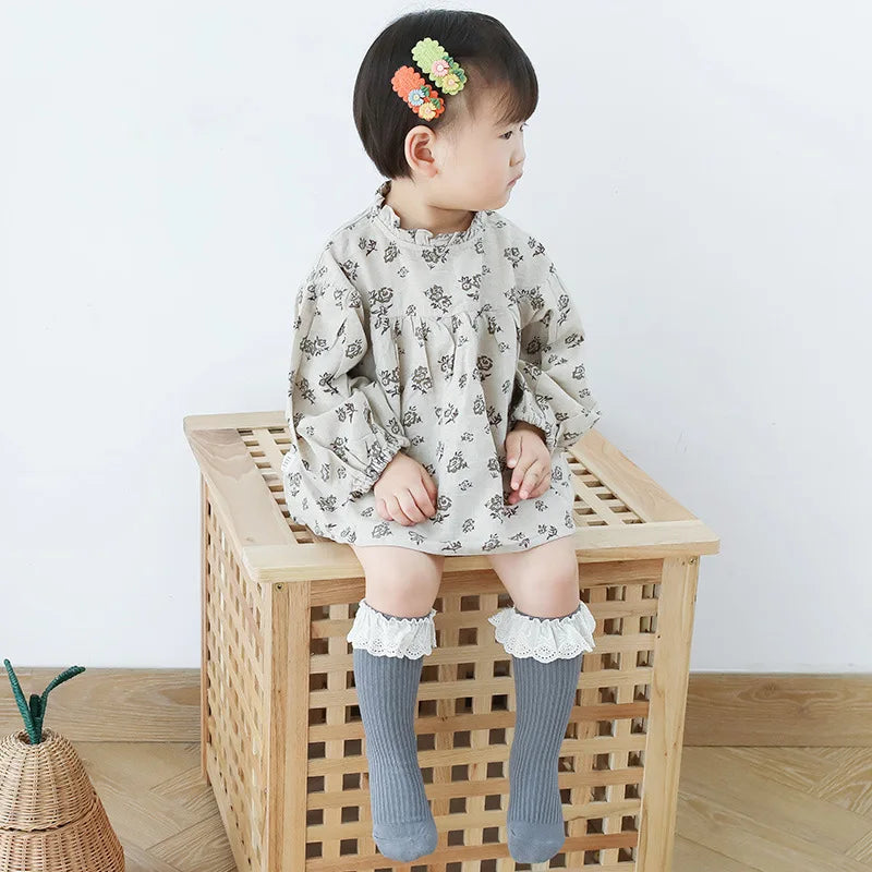 Baby Girls Lace Stocking Ribbed Knit Non-slip Medium Tube Stockings