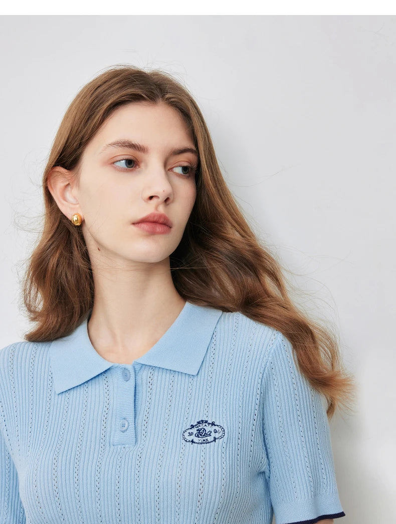 Women's Knitwear Contrast Color Hollow Out Polo Neck Short Sleeve Shirt