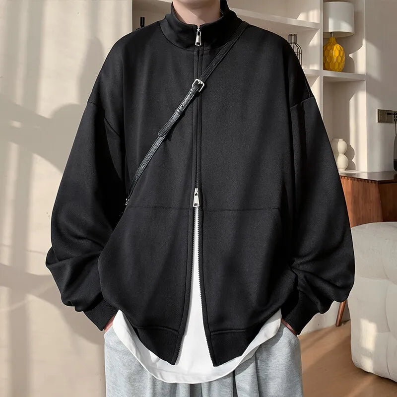 Men's Stand Collar Cardigan Hoodie - Double Zipper Casual Jacket