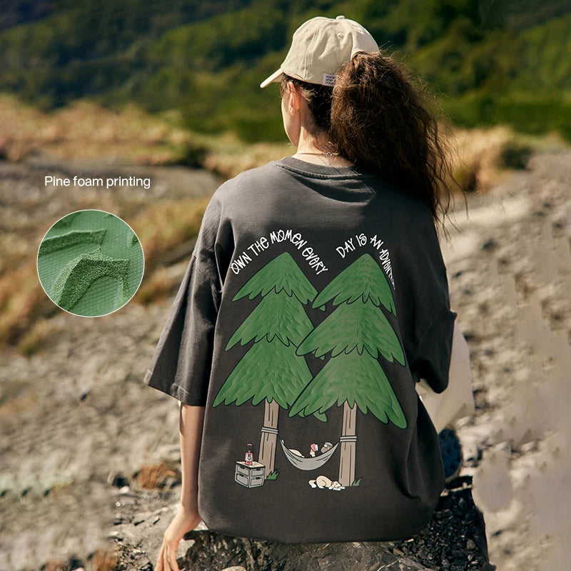Unisex 265G Pine Tree Puff Print Heavyweight oversize Casual Pure Cotton Short Sleeve T-Shirt