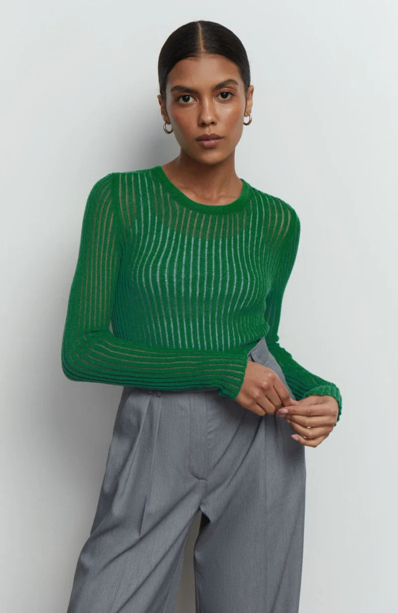 Women's Elegant Striped See Through Long Sleeve Top