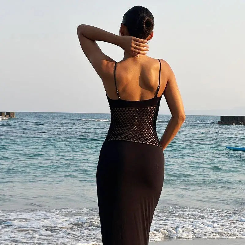 Women's Fishnet Detail Maxi Mesh Splice Slip Dress