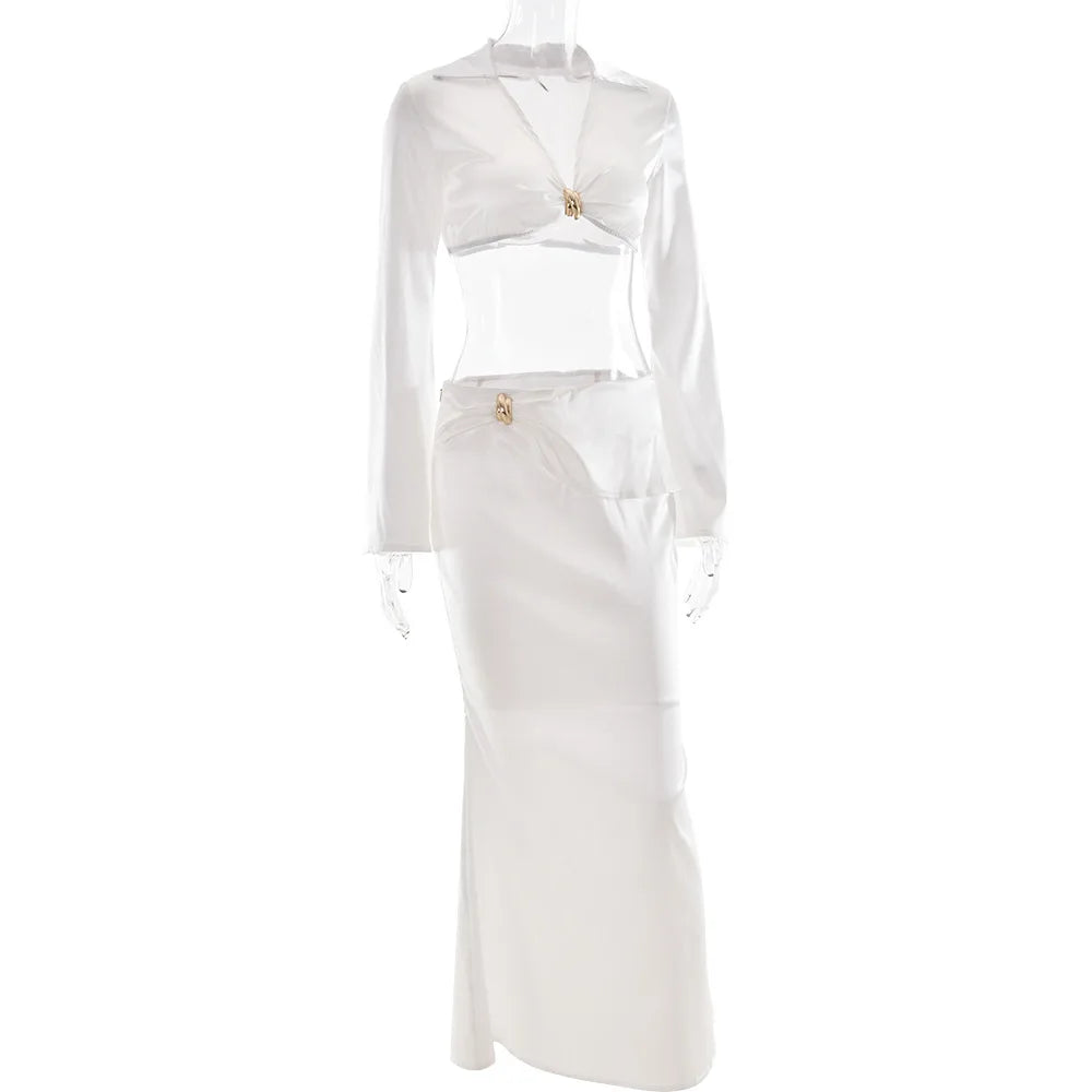 Women's Satin Long Sleeve 2 Piece Set - Deep V Neck Cropped Top & Matching Bottom
