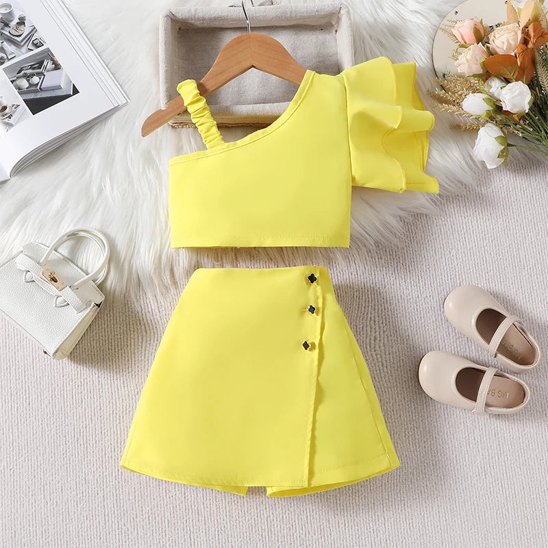 1-6Y Kids Girls Clothes Set Ruffles One Shoulder Sleeveless Vest with Solid Shorts Summer Outfit