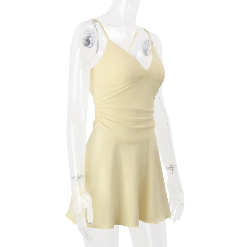Women's Plunge V Neck Slip Mini Party Club Outfits Backless Yellow A-Line Short Dress