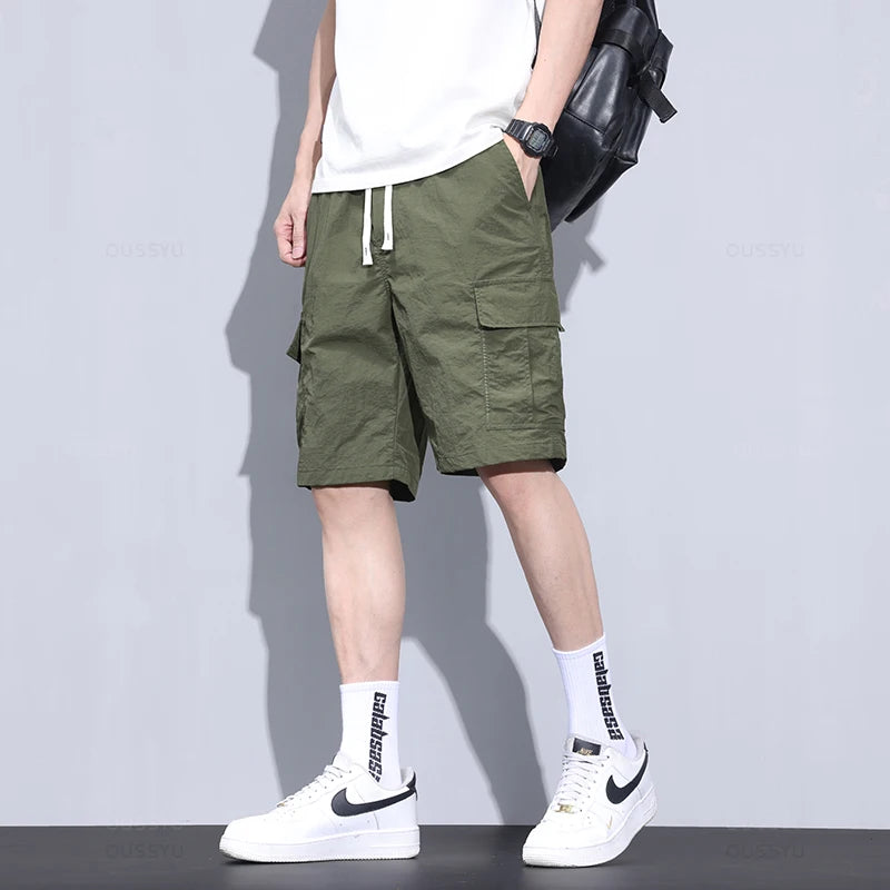 Summer Ultrathin Shorts Pants Men Cargo Work Side Pockets Joggers Grey Bermuda Knee Beach Nylon Short Pant Male Big Size M-5XL