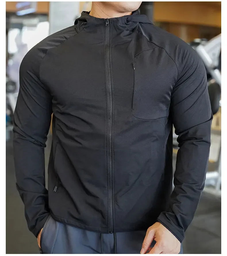 Men's Nylon Sport Coat Gym Fitness Hoodies Outdoor Workout Tops Hooded Training Running Zipped Jacket