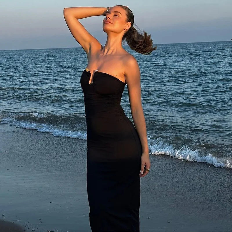 Women's U-neck Tube Top Pleated Bodycon Party Long Sleeveless Dress