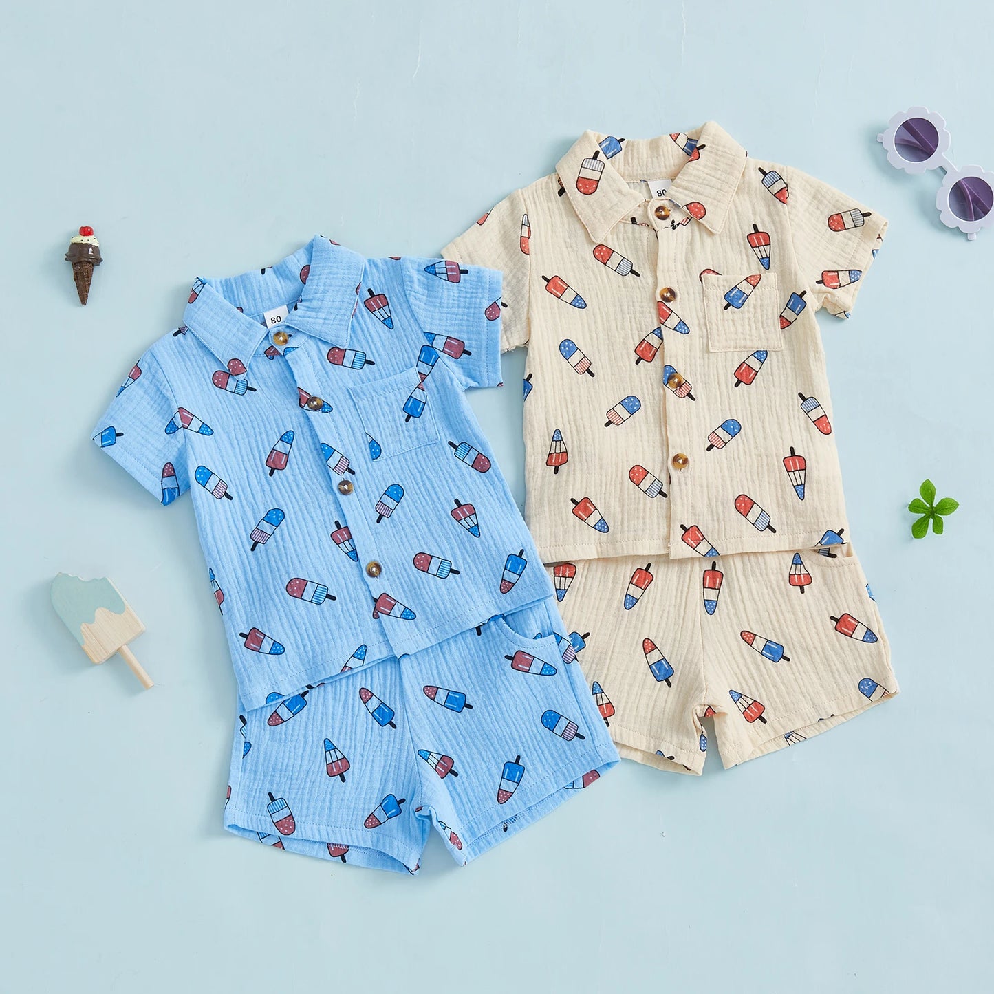 0-4Y Kids Boys American Flag Colours Print Clothes Sets Ice Cream Print Lapel Button Down Short Sleeve Shirt with Shorts