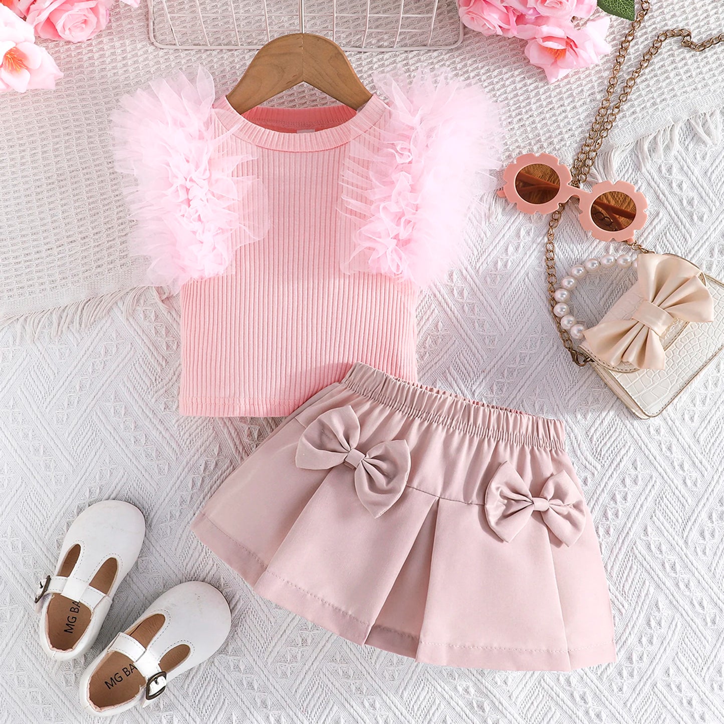 Baby Girls Summer Clothes Set - Tulle Ruffled Tank Top & Bow Pleated Skirt