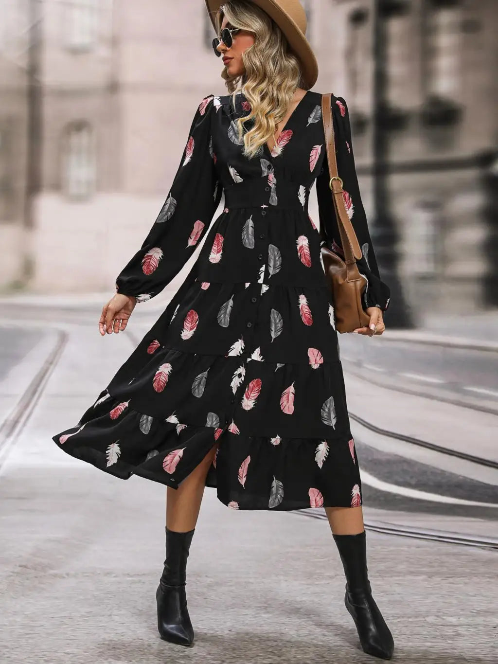 Women's Autumn Winter Casual Print Single Breasted Short Sleeve V Neck High Waist Dress