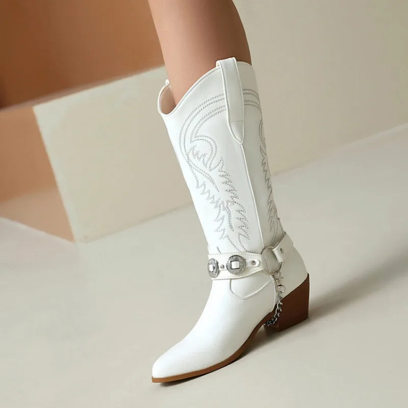 Women's Tapered Circular Metal Chain Chelsea Bohemian Pointed Leather Knee High Boots