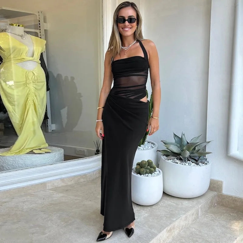 Women's Elegant Halter Mesh Sheer Cut Out Maxi Dress - Party Long Dress Outfit Asymmetrical Ruched Gown Summer Dress