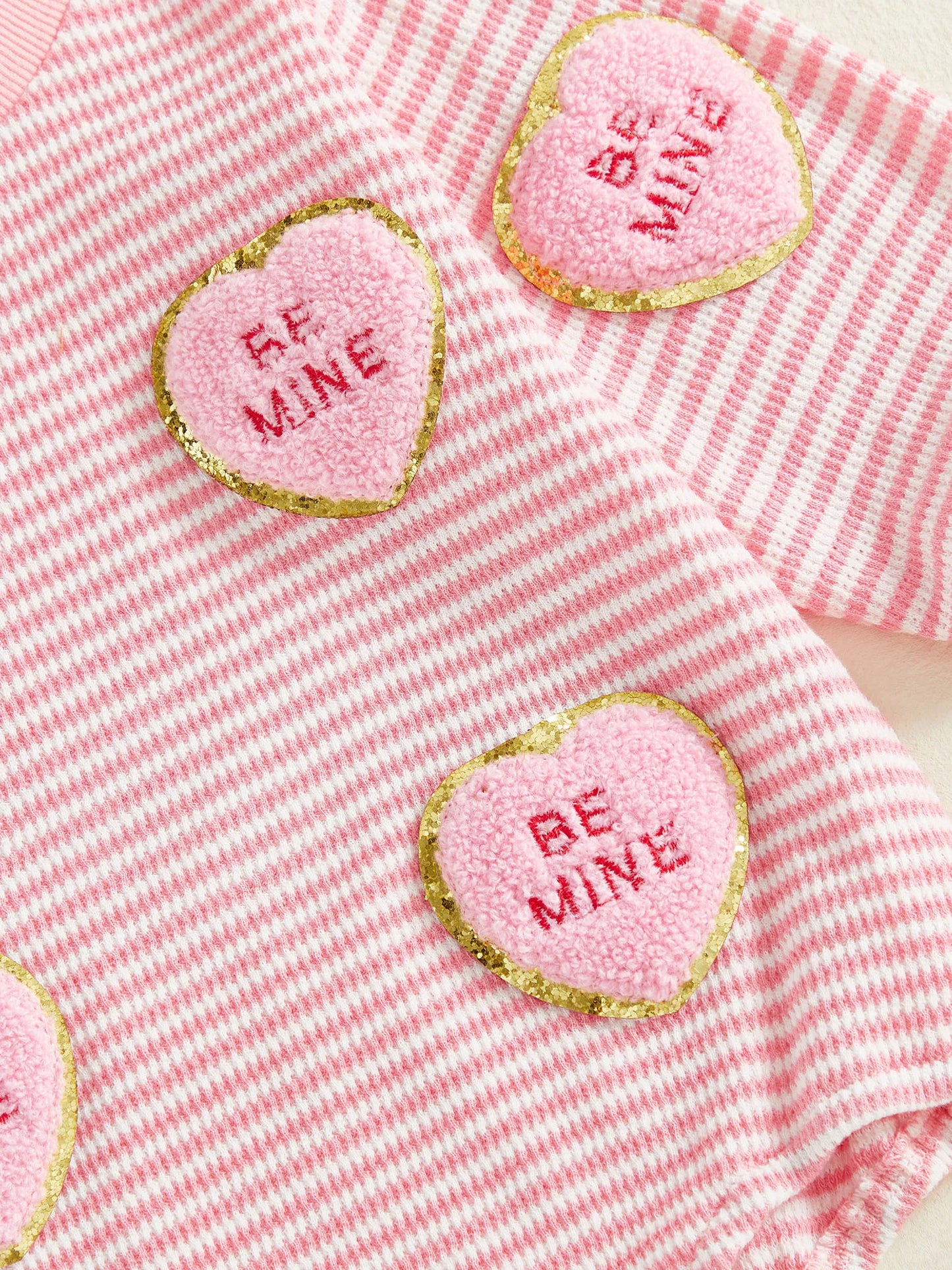 Baby Valentine's Day Romper Set - Striped Heart Embroidery with Headband