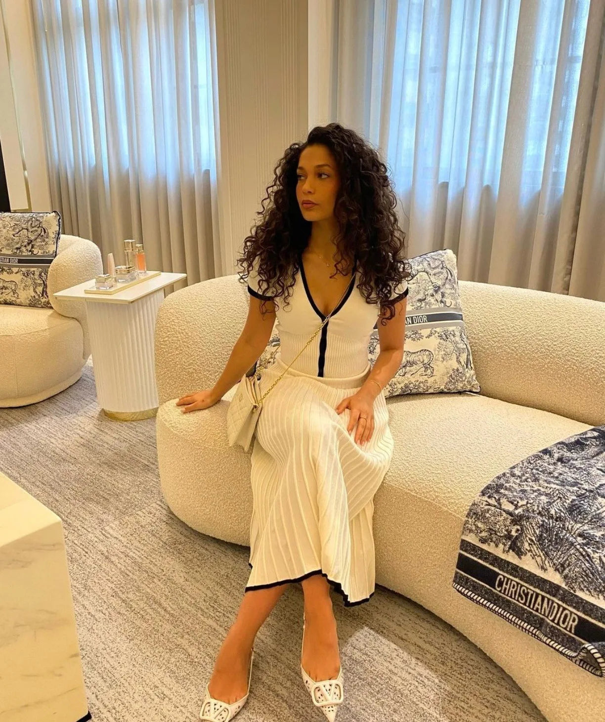 Women White long Skirt and Short Sleeve V-neck Crop Top Pleated Skirt set 2 PCS Set