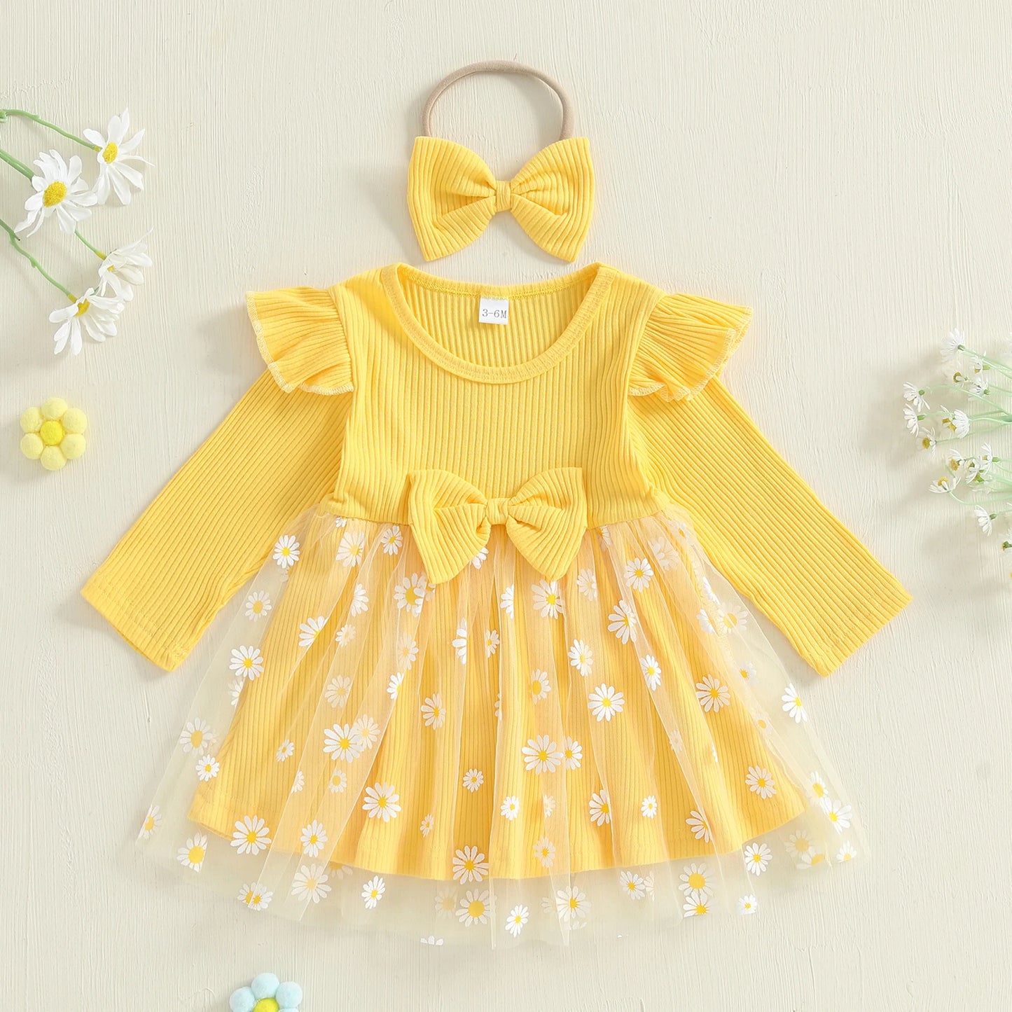 Lovely Baby Girls Fall Winter Dress - Sunflowers Print Tulle Dress with Headband (0-3Y)