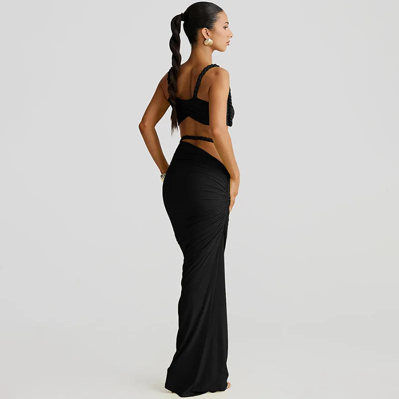 Women's Ruched Bandage 2 Piece Set Backless Decorative Cord Top and Skirt Dress Set
