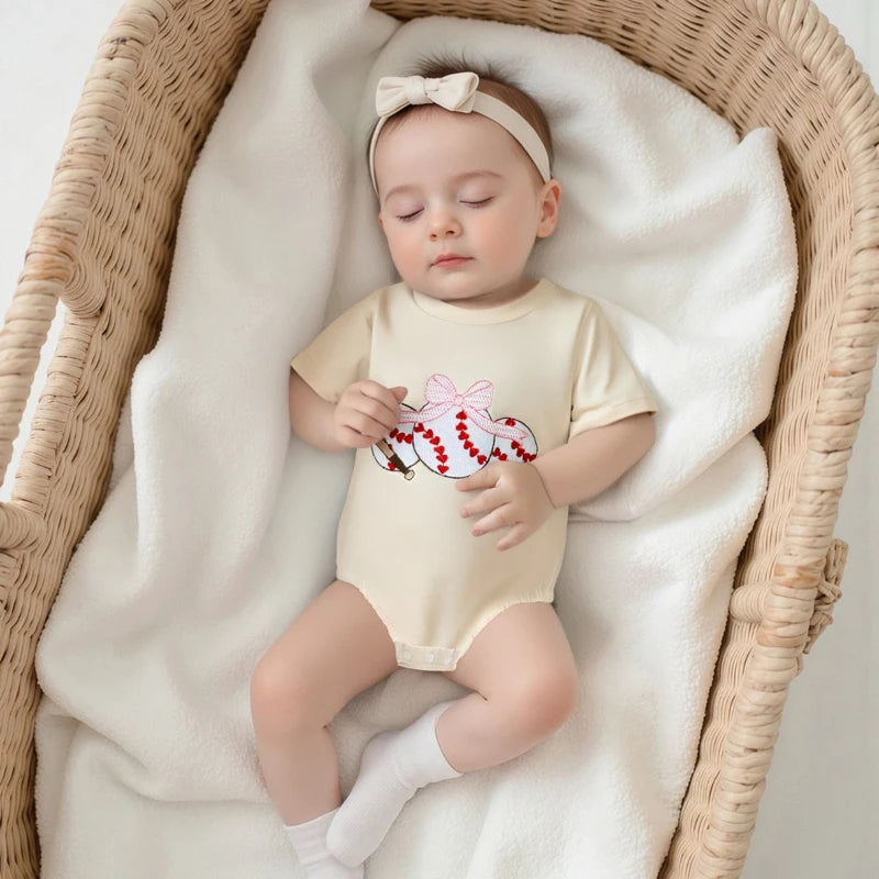 Baby Girls Boys Summer Romper Short Sleeve Round Neck Bow Baseball Embroidery Bodysuit Jumpsuit Babygrow