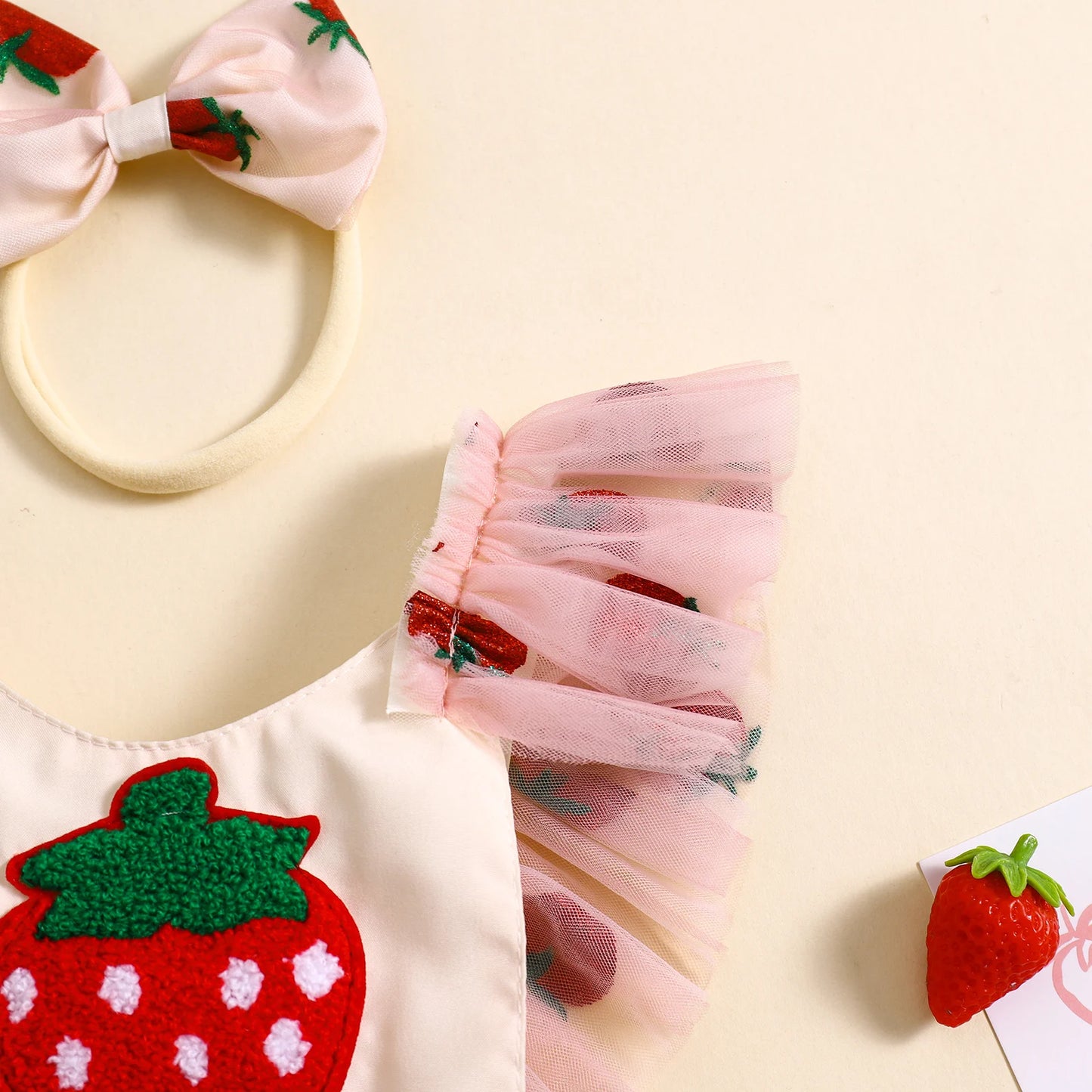 0-18M Princess Baby Girls Summer Romper Dress Strawberry Embroidery Fly Sleeve Mesh Tulle Jumpsuit with Bow Headband