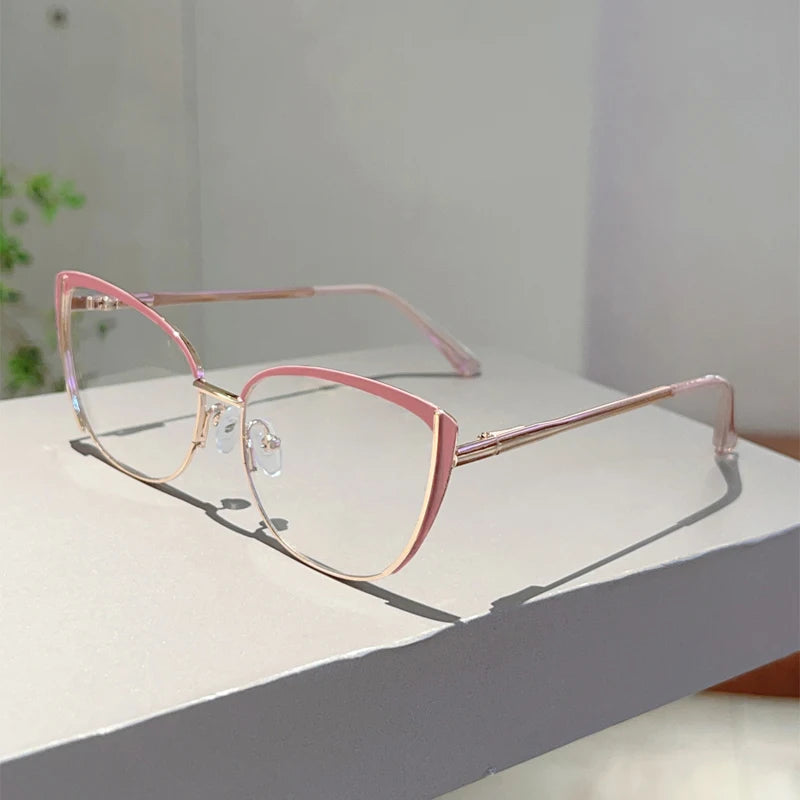 Trendy Retro Cat Eye Glasses - Women's Korean Style Semi-Rimless Pink Eyewear