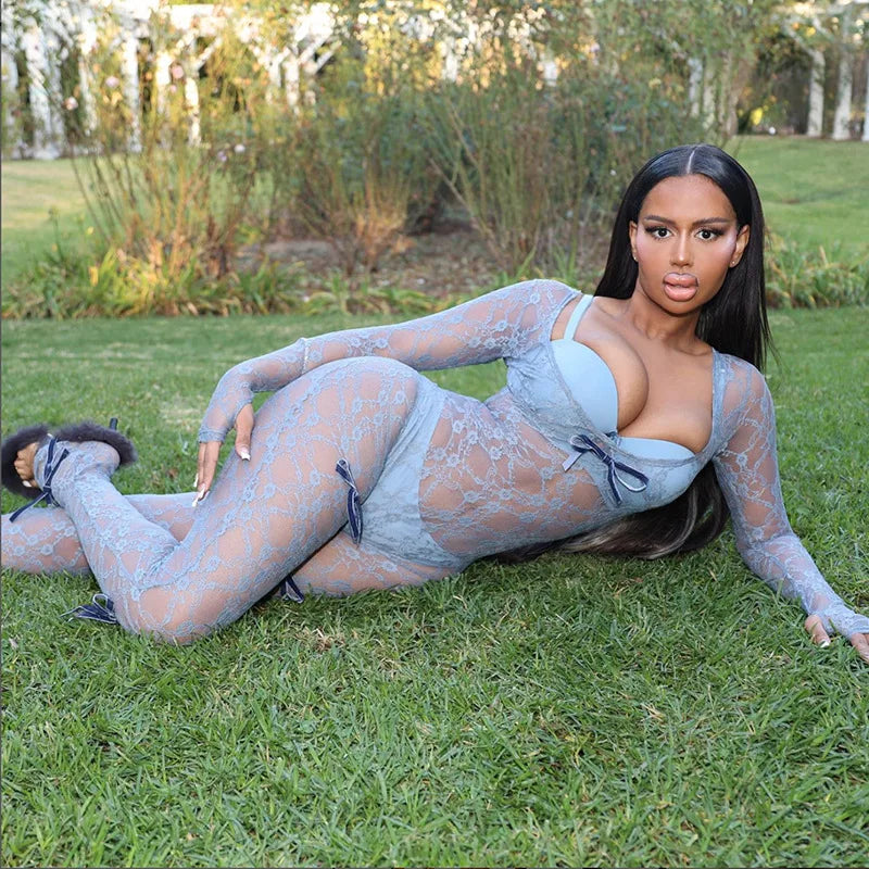 Women's See Through Mesh Jumpsuit Bow Splice Long Sleeve Bodycon One Piece