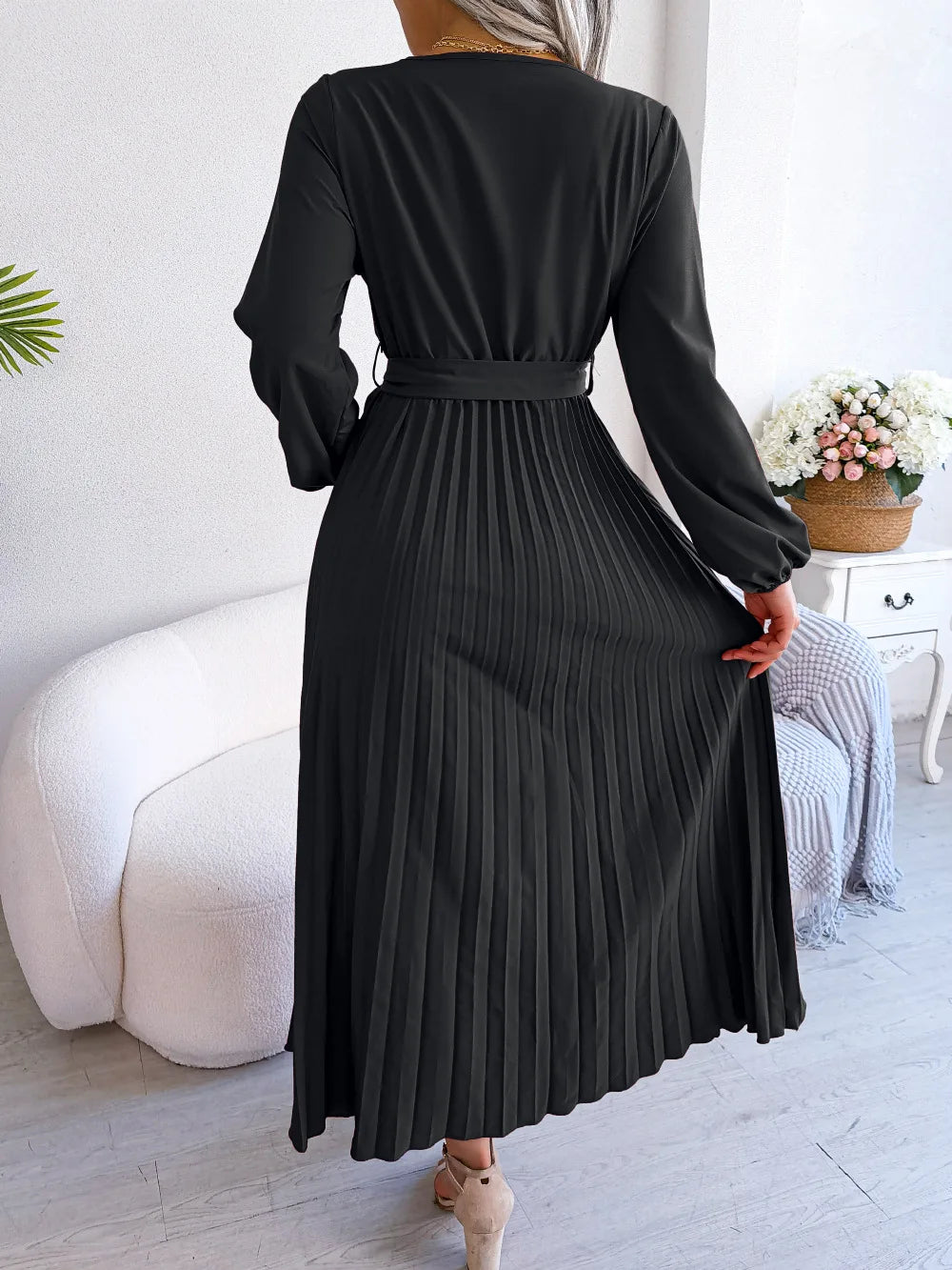 Women's Spring Summer Cross V Neck Large Hem Pleated Long Dress