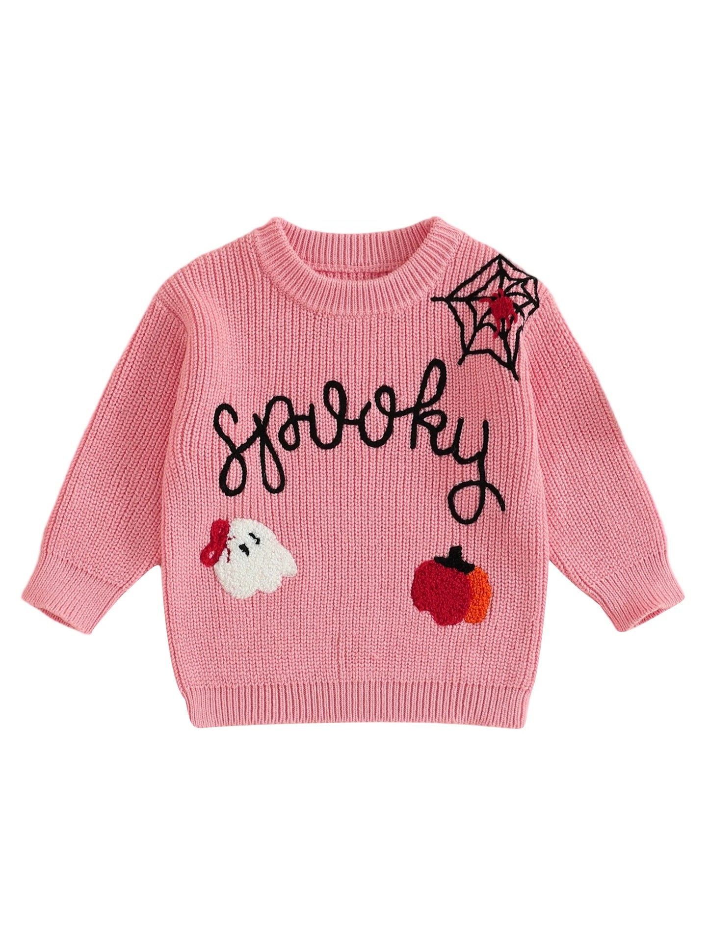 Baby Halloween Knit Sweater - Letter Ghost Pumpkin Spider Web Embroidery