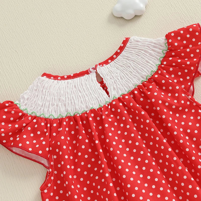Baby Girls Strawberry Embroidery Polka Dot Romper - Smocked Ruffle Sleeve Jumpsuit (0-24M)