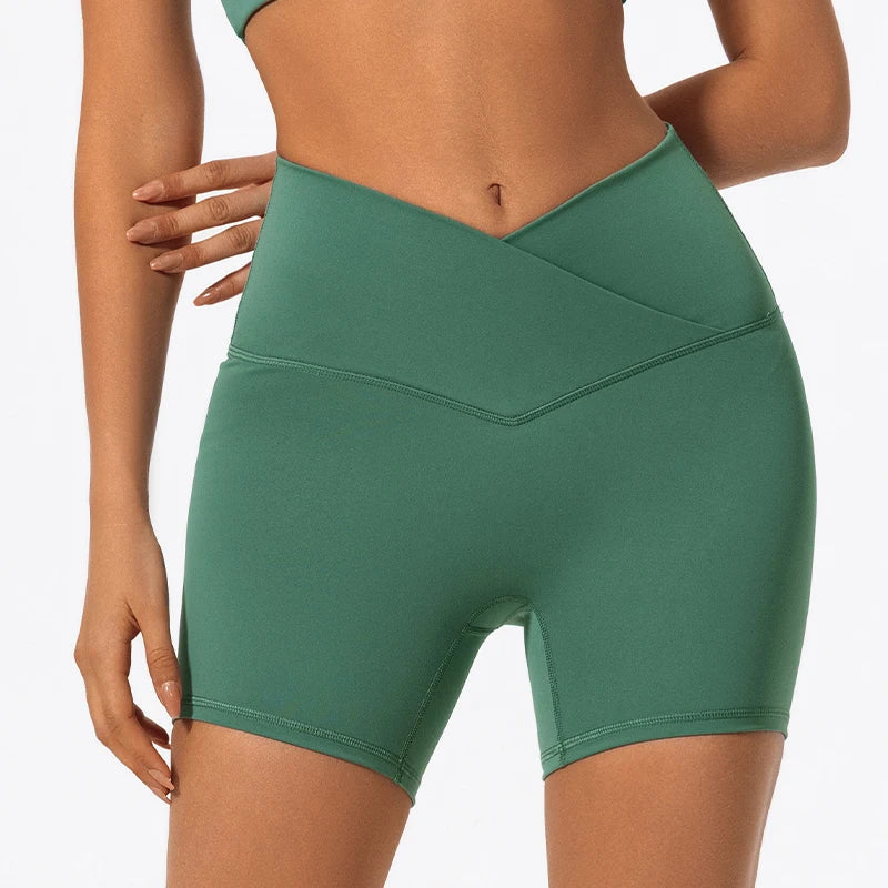 Cross Waist Gym Shorts - High Waist Breathable Cycling Yoga Shorts