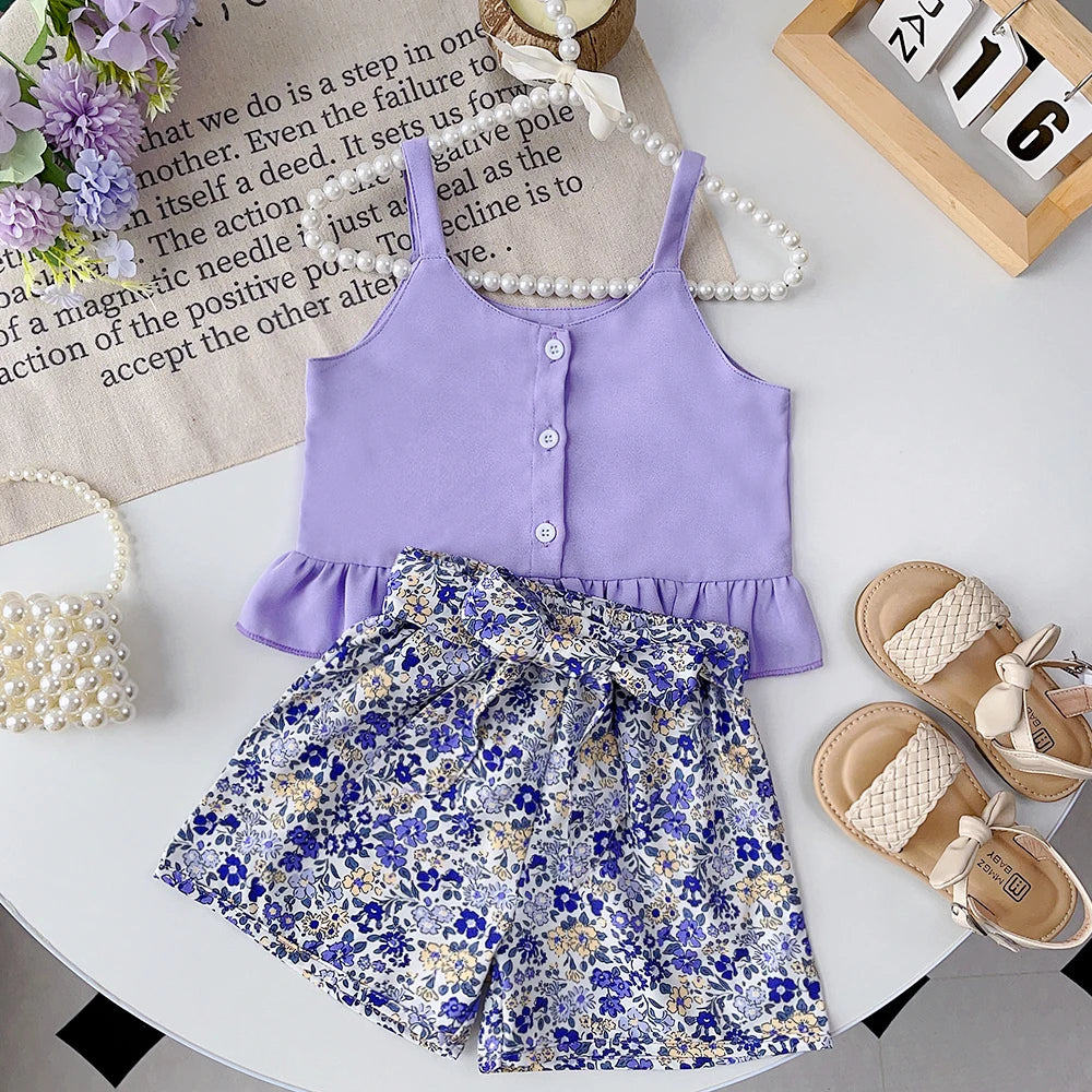Girls' Summer Outfit Set - Solid Suspender Top with Floral Shorts 2-Piece