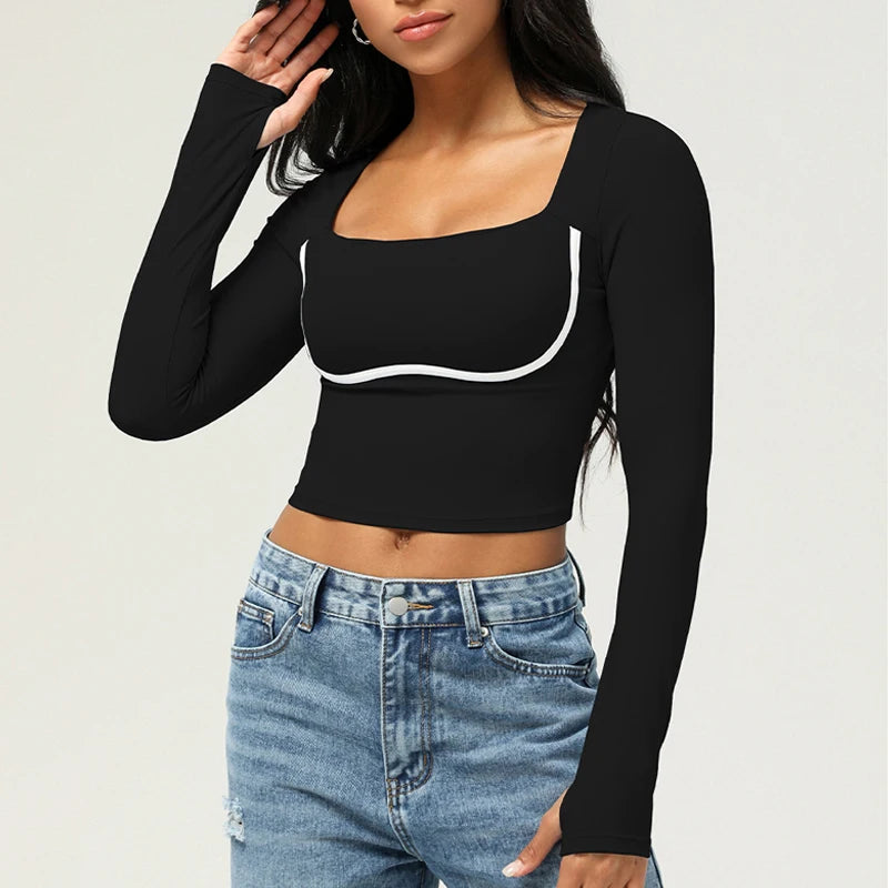 Women's Long Sleeve Yoga T-Shirt Square Neckline Gym Top Breathable Workout Running Crop Top Sportswear