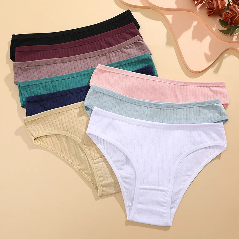 Women's 4Pcs Cotton Striped Breathable Briefs Low Waist Comfortable Stretch Lingerie