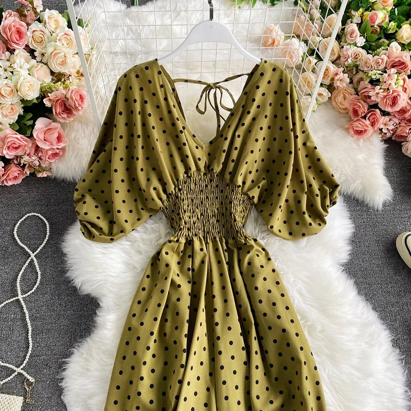 Women's V-Neck Polka Dot Jumpsuit - Wide Leg Trousers with Dolman Sleeves