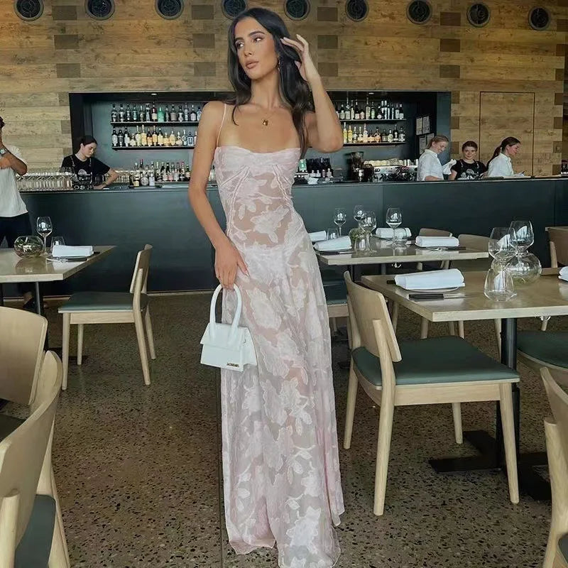Women's See Through Spaghetti Maxi Plunge Off Shoulder Floral Mesh Patchwork Long Dress