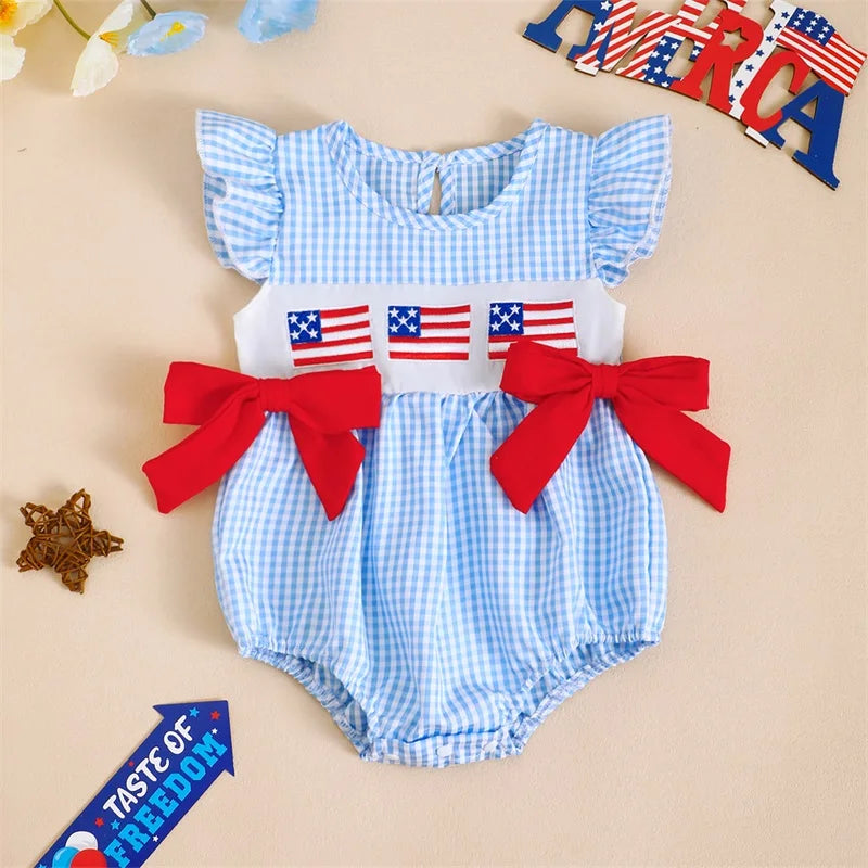 Baby Girls Independence Day Romper - Cute Ruffles Fly Sleeve Plaid Print Jumpsuit (0-18M)