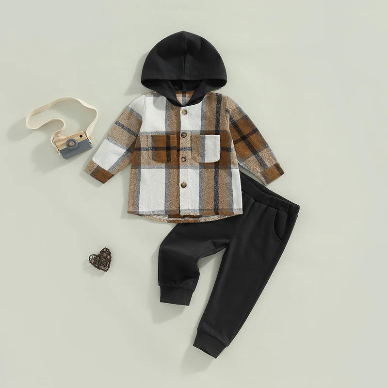 1-6Y Autumn Causal Kids Boys Clothes Sets 2pcs Plaid Printed Patchwork Hooded Long Sleeve Jacket and Trousers