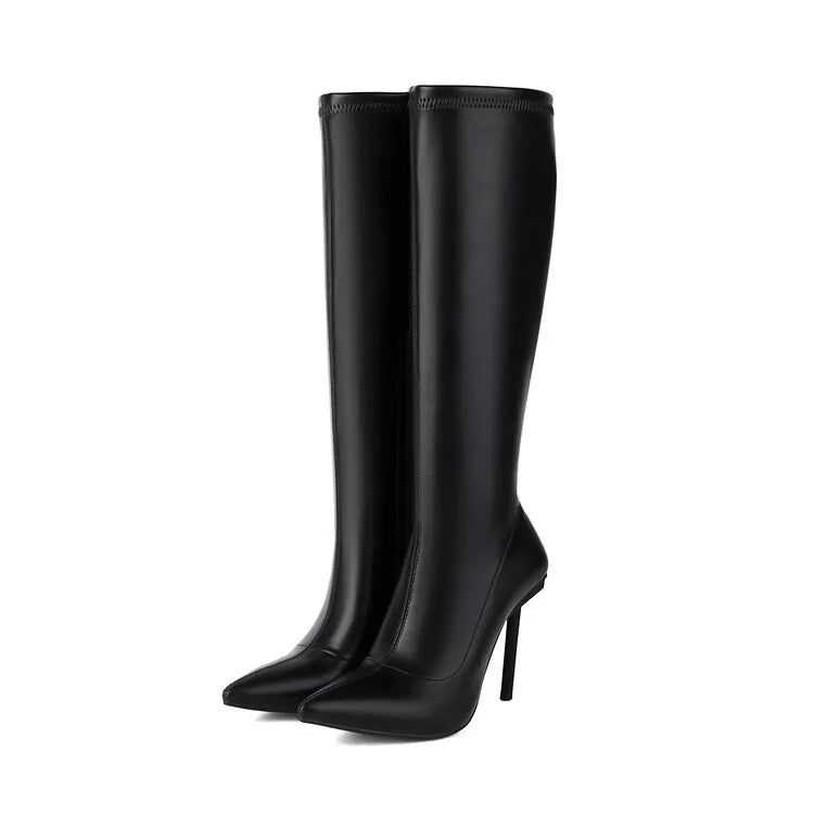 Women's Text Art High Heel Boots Elastic Leather Side Zipper Pointed Knee Boots 8cm/10cm Thin Heel Shoes