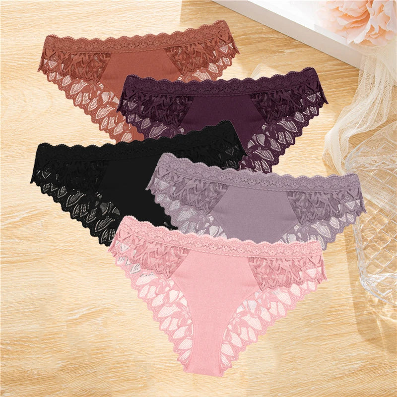 5Pcs Women's Lace Hollow Out Panties Low-Waist Comfortable Underwear Floral Breathable Briefs Stretch Soft Lingerie