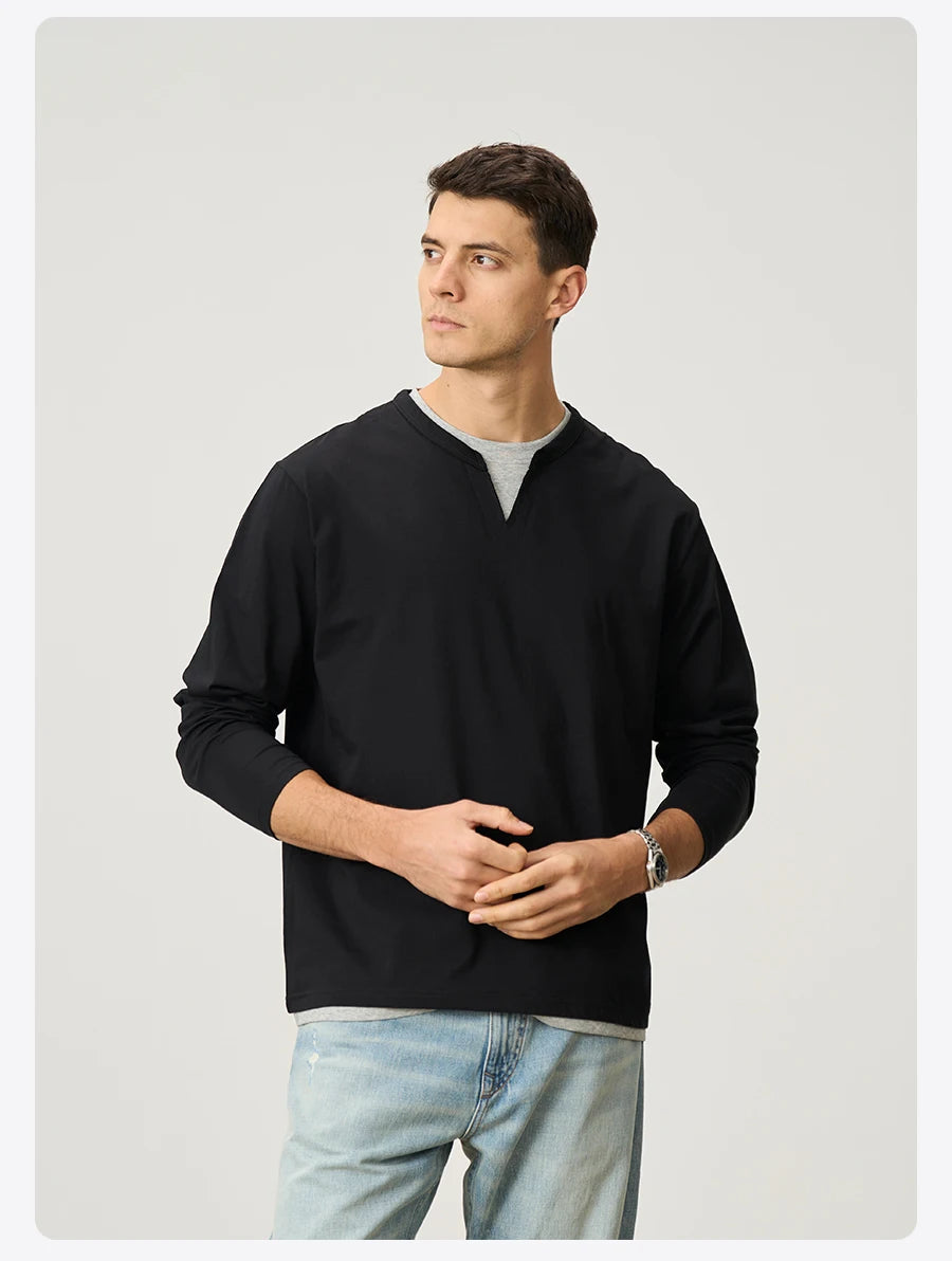 Men's Spring Long Sleeve Fake Double Layer 210gsm Sorona Fabric T-Shirt