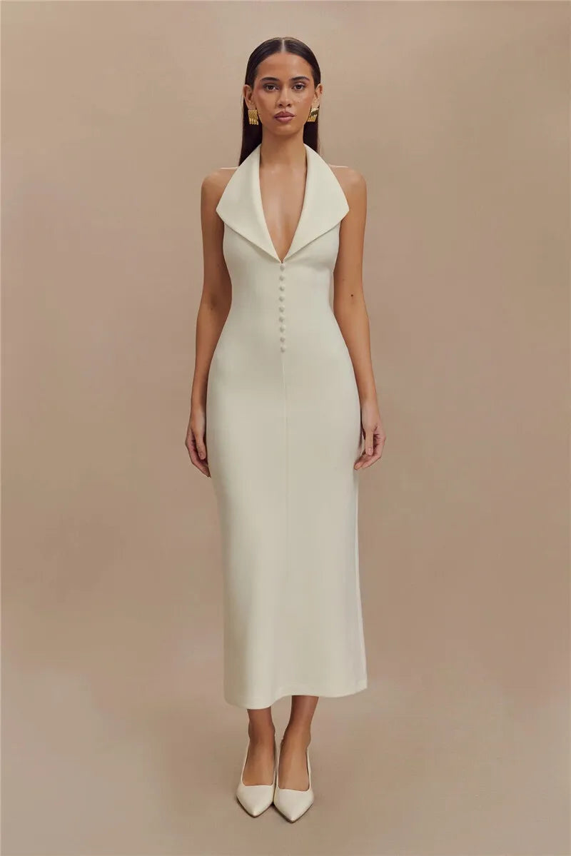 Women's Halter Deep V Neck Sleeveless Maxi Elegant Backless Bodycon Tank Long Dress
