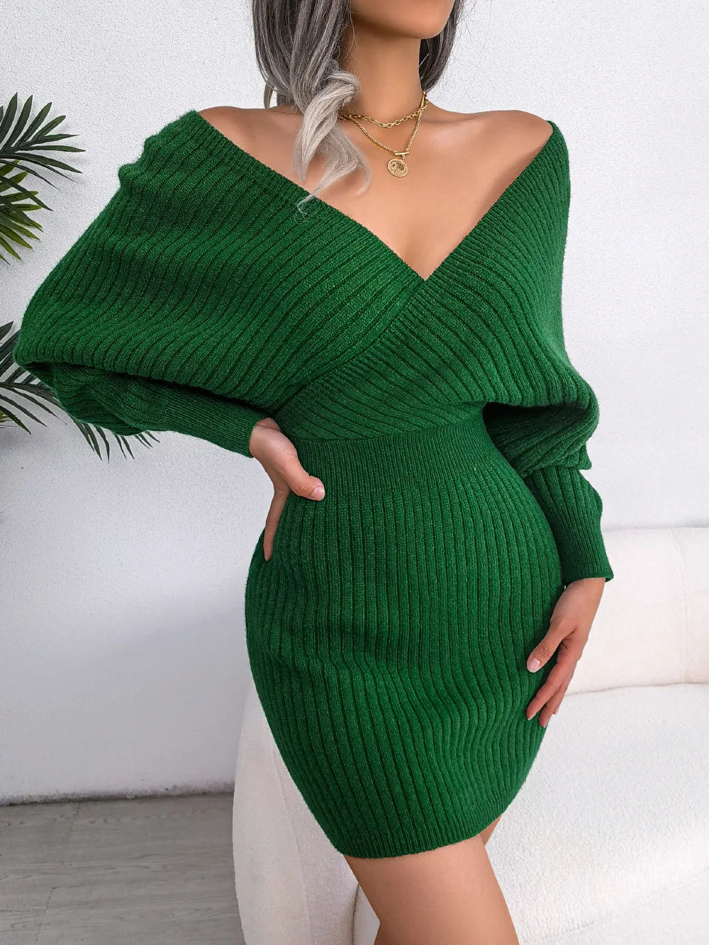 Women's Autumn Winter Cross V Neck Batwing Sleeve Casual Wrap Hip Woollen Dress